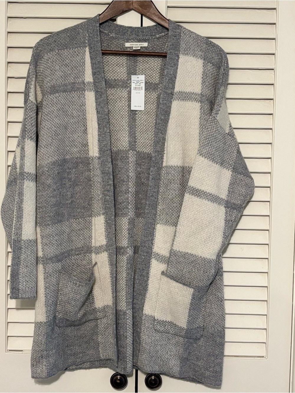 American Eagle Outfitters Grey & Cream Plaid Open-Front Cardigan